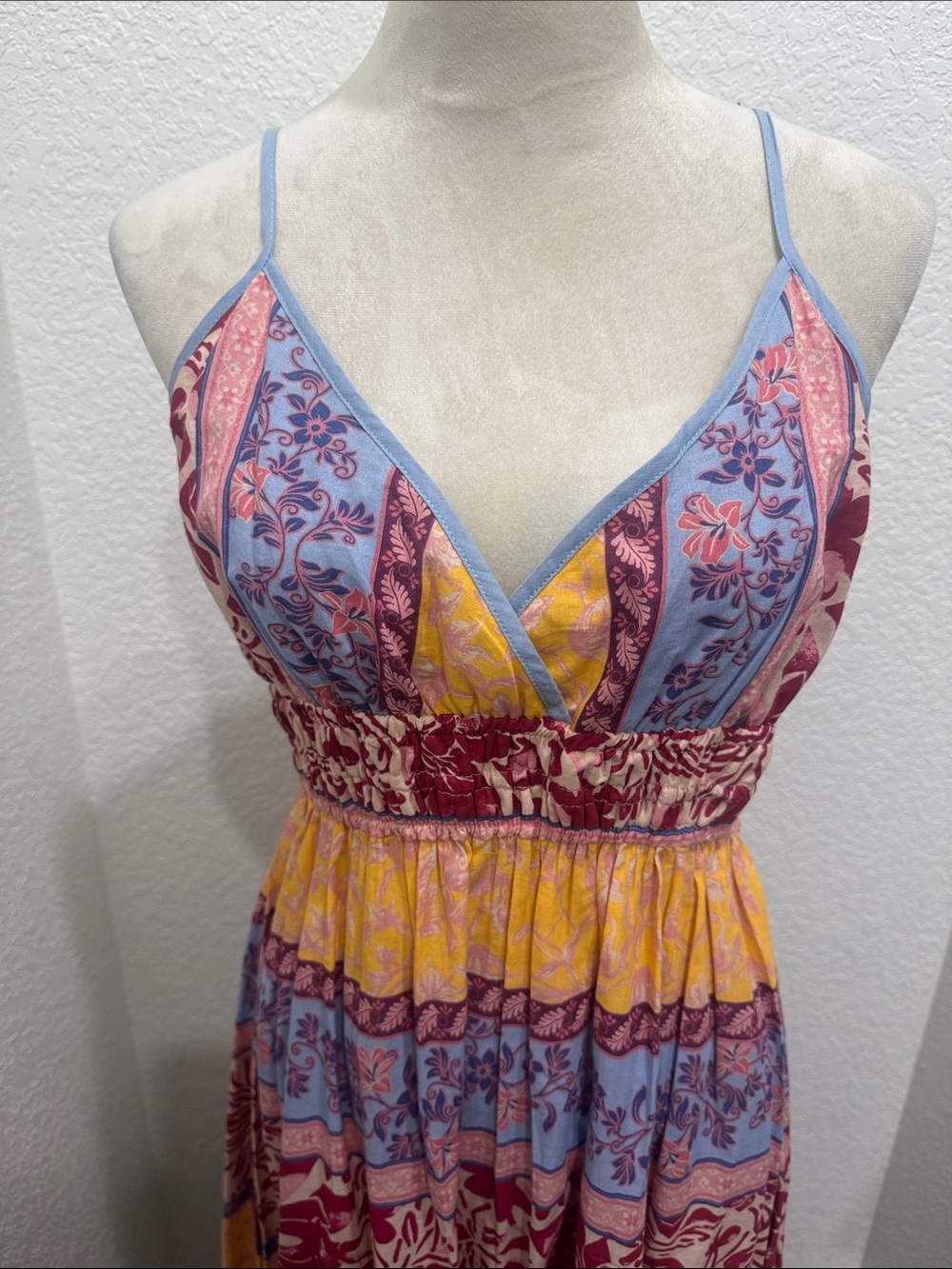 Japna Bohemian Floral Tiered Maxi Dress in Yellow, Blue & Burgundy - Picture 8 of 11